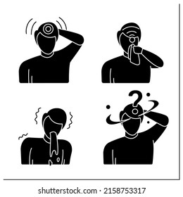 Headache icons set. Vomiting, allergy, confusing. Concept of fast health problem diagnostics.Filled flat signs. Isolated silhouette vector illustrations