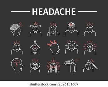 Headache icons. Symptoms. Vector graphics for web use.