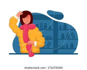 Headache illustration. The woman having headache, migraine, illness. drugstore cabinet background Cartoon vector flat design