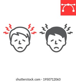 Headache line and glyph icon, stress and migraine, head pain vector icon, vector graphics, editable stroke outline sign, eps 10