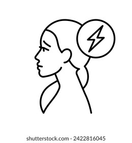 Headache line icon. A pretty female head with a lightning pain mark. Sad woman face, side view. Headache attack. Linear illustration, editable stroke.