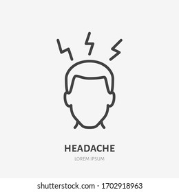 Headache line icon, vector pictogram of person with migraine. Man having hangover illustration, flu symptom sign for medical poster.