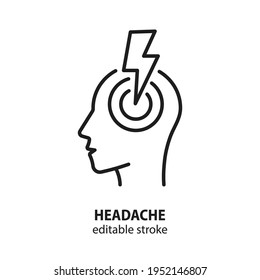 Icono de línea de dolor de cabeza. Símbolo vectorial del estrés, migraña, dolor de cabeza, ansiedad. Trazo editable.