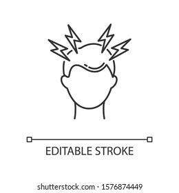 Headache Linear Icon. Migraine. Common Cold Symptom. Healthcare. Pressure And Tension. Anxiety And Stress. Thin Line Illustration. Contour Symbol. Vector Isolated Outline Drawing. Editable Stroke