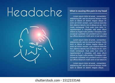 Headache linear icon on blue background. Vector abstract minimal illustration of old man with red spot on his head suffers from headache. Design template for medicine or therapy for headache