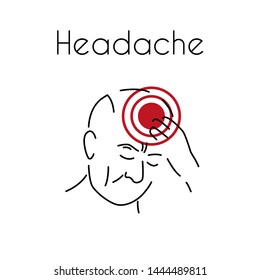 Headache linear icon. Vector abstract minimal illustration of old man with red spot on his head suffers from headache. Design template for medicine or therapy for headache