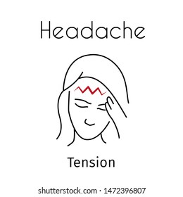 Headache linear icon. Vector abstract minimal illustration of girl with red zigzag on the head suffers from headache. Tension headache type. Design template for medicine or therapy for headache
