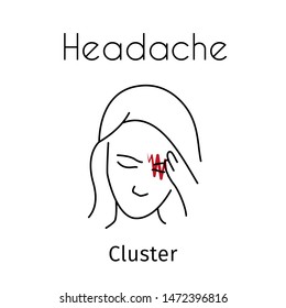 Headache linear icon. Vector abstract minimal illustration of girl with red zigzag on the head suffers from headache. Cluster headache type. Design template for medicine or therapy for headache