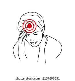 Headache Linear Icon. Vector Abstract Minimal Illustration Of A Young Girl With A Red Spot On Her Head Suffering From A Headache. Design Template For Headache Medicine Or Therapy