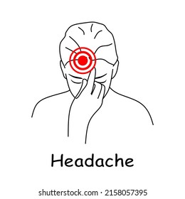 Headache linear icon. Vector abstract minimal illustration of young asian woman with red spot on her head suffers from headache. Design template for medicine or therapy for headache