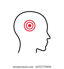 Headache linear icon. Vector abstract minimal illustration of man head with red spot. Concept of Headache, Migraine, Fever. Suffers from headache. Logo icon isolated on white background