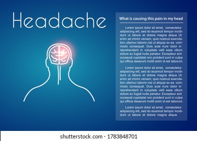 Headache linear medical poster with text. Vector illustration of old man with pink spot on his head suffers from headache. Design template for medicine or therapy for headache or brain diseases