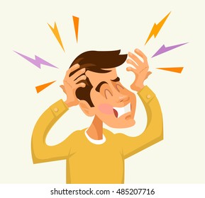 Headache man character. Vector flat cartoon illustration