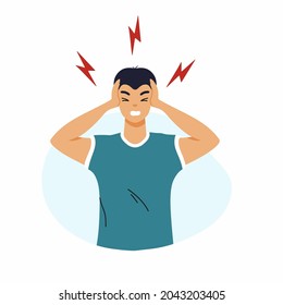Headache. Man with migraine. Symptom of disease and health problems.