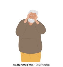 Headache. Mature Elderly Man Holds Her Head With Her Hands, Experiencing Headache, Stress, Depression. Suffering Of Ache, Pain Or Migraine Frustration. Flat Vector Illustration. Physical Injury