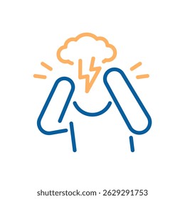 Headache and mental tension icon. Vector thin line illustration with editable stroke showing a person with hands in head, stress, pressure and cognitive overload. Trauma, ptsd or strong migraine.