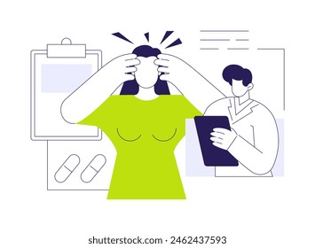 Headache and migraine abstract concept vector illustration. Woman complaining about headaches to doctor, suffering from migraine, walk-in clinic, depression treatment abstract metaphor.