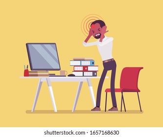 Headache and migraine attack on male office worker. Overworked, overwhelmed employee feeling tired with too much computer and paper work, fail to manage stress. Vector flat style cartoon illustration