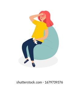 Headache, migraine, fever. Problems and bad mood. Woman sits in bag chair in quarantine and puts his hand to her head. Treatment for infections. Vector illustration modern style.