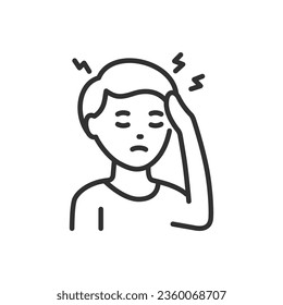 Headache, migraine, linear icon. Person holding head. Line with editable stroke