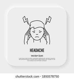 Headache, Migraine, Reduce Stress: Man Touching Temples. Thin Line Icon. Vector Illustration.