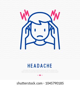 Headache, migraine thin line icon: man touches his head with his hands. Modern vector illustration.