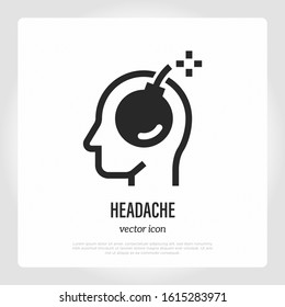 Headache or migraine thin line icon. Acute pain in head. Vector illustration.