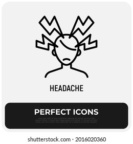 Headache or migraine thin line icon. Mental stress, flashes around human head. Hypertension. Modern vector illustration.