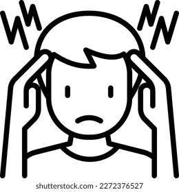 Headache, migraine thin line icon: man touches his head with his hands. Modern vector illustration.