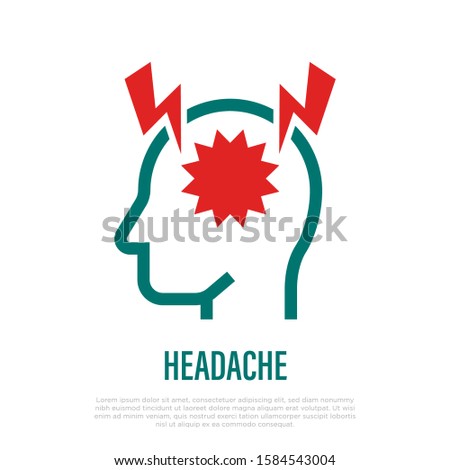 Headache or migraine thin line icon. Acute pain in head. Symptom of brain abscess. Vector illustration.