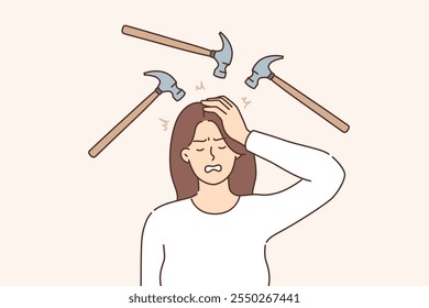 Headache and migraine torment woman who feels blows to head with hammers and needs pharmacological remedies. Headache symptoms are caused by hangover after party or uncontrolled drinking beer