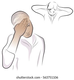 Headache, headache. Migraine.  Vector drawing on the theme of pain. Medicine.