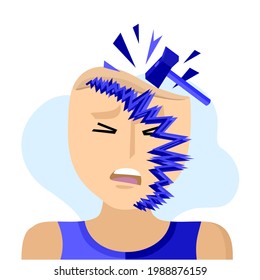 Headache, migraine, visual aura. A head with a picture of a scotoma in a migraine attack. Cartoon illustration for informational posters, articles, websites, and mobile apps.