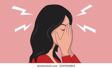 Headache and migraine woman - Female person exhausted with sever head pain and burnout symptoms holding hands on face feeling very bad, depressed and stressed. Vector illustration