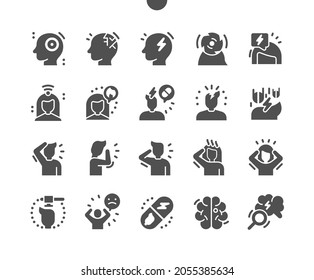 Headache. Migraines, stress and severe pain. Healthcare, medicine and medicine. Headache treatment. Vector Solid Icons. Simple Pictogram