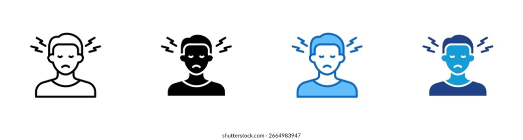 Headache Multi Style Icon Design Vector - Person with visible pain lines around the head, representing a headache or migraine