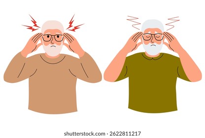 Headache old man, Memory loss and dementia, Alzheimer's, brain damage concept. Sad man suffers from migraine, confusion, memory loss, dementia, reduced function of brain and mind. Vector illustration