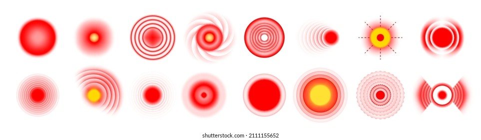 Headache Pain Icon. Red Headache And Joint Sore Target Symbol, Medicine Ads Icon. Vector Set