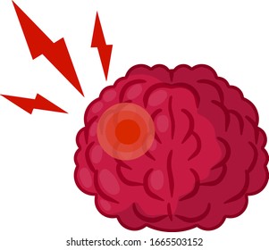 Headache. Red spot in human brain. Pain with red lightning. Problem with head. Medical care.