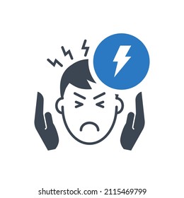 Headache related vector glyph icon. Head of man with headache in his hands at the temples. Headache sign. Isolated on white background. Editable vector illustration