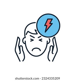 Headache related vector icon. Head of man with headache in his hands at the temples. Headache sign. Isolated on white background. Editable vector illustration