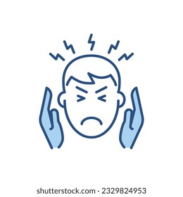 Headache related vector icon. Head of man with headache in his hands at the temples. Headache sign. Isolated on white background. Editable vector illustration