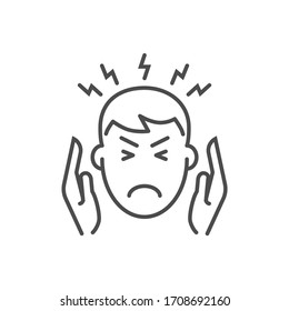 Headache related vector thin line icon. The head of a man with a headache in his hands at the temples. Isolated on white background. Editable stroke. Vector illustration.