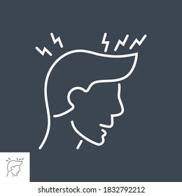 Icono de línea delgada vectorial relacionado con cefalea. Cabeza de un hombre con dolor de cabeza. Aislado sobre fondo negro. Trazo editable. Ilustración vectorial.