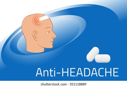 Headache relief medicine. Medication packing design template. Illustration of pills against pain in head