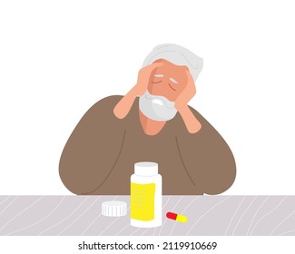 Headache. Senior man having headache, holding his head between hands. Mature elderly man holds his head with her hands, experiencing headache, stress. Pills on table. Flat vector illustration.