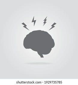 Headache and stress concept. Brain icon with lightning symbol on grey background. Brainstorm concept. Vector