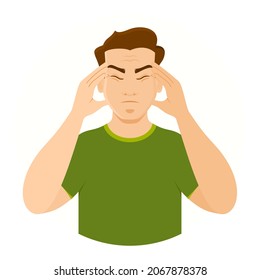 Headache. Stroke. Fatigue or migraine. Upset man put his hand to his head. Problems at work. Vector illustration in cartoon style