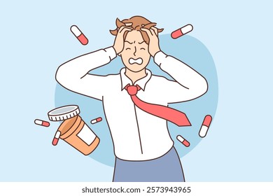 Headache torments business man holding head and standing among capsules for treatment of migraine. Problem of headaches for manager experiencing stress due to overload at nervous job