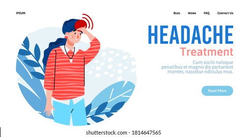 Headache Treatment Medical Website With Woman Suffering From Head Pain Or Migraine, Cartoon Vector Illustration. Health And Treatment Of Cerebrovascular Disease.